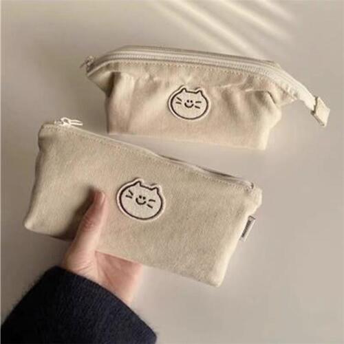 Cute Cat and Dog Canvas Pencil Case, Durable Student Pencil Box, Stationery Bag, Large Capacity, Beauty Makeup Bag, Storage Bag