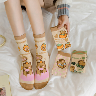 Autumn Capibara Mid-Calf Cotton Seamless Versatile Women's Socks for Fall and Winter, Warm and Trendy Ins Style