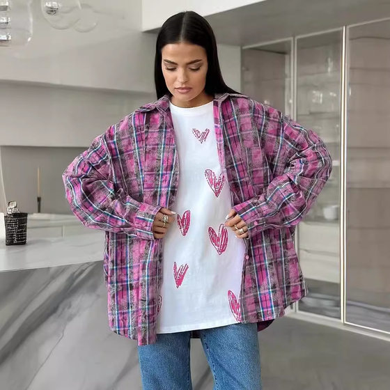 2024 New European and American Retro Plaid Long-sleeved Shirt Design Sense Niche Spring Loose Casual Shirt Coat Women