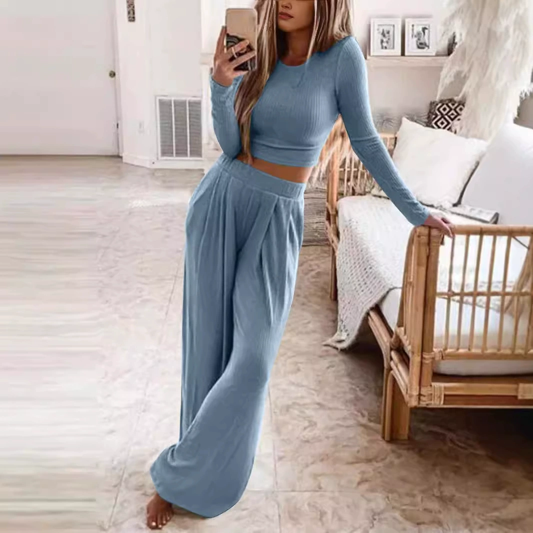 Женский трикотажный домашний комплект из двух предметов однотонного цвета, осень 2024, европейско-американский стиль, для платформы TEMU, удобный и повседневный.
