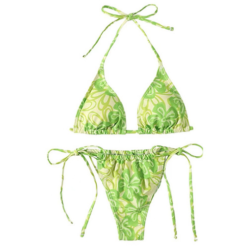 Summer European and American Print Straps Neck Tied High-Waisted Triangular Split Two-Piece Swimsuit Beach Bikini