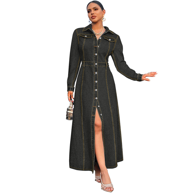 708g Weight Maxi Long Dress Dress Length Type Long Sleeve Sleeve Length Denim Dress Dresses Type Cotton (more than 30%), Denim Fabric Type High Waist Waist Line Holiday, Street Occasion Turndown Neckline Slim Fit Type Solid Color Pattern Spring, Autumn Season Women's Gender Streetwear Style Wholesale Women's Streetwear Solid Color Holiday Street Turndown Long Sleeve Denim Dress 22