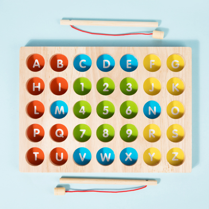 Educación temprana de madera para niños, números, letras, combinación, diversión cognitiva, clasificación de colores, juguetes educativos de pesca magnética interactivos