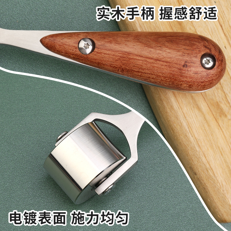 Original mango de madera rodillo rueda de empuje rodillo herramienta de prensado de cuero rodillo de borde oscuro borde grande rodillo de hierro