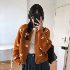 氛围感爱心提花毛衣开衫韩系女秋冬新款宽松慵懒风小个子针织上衣