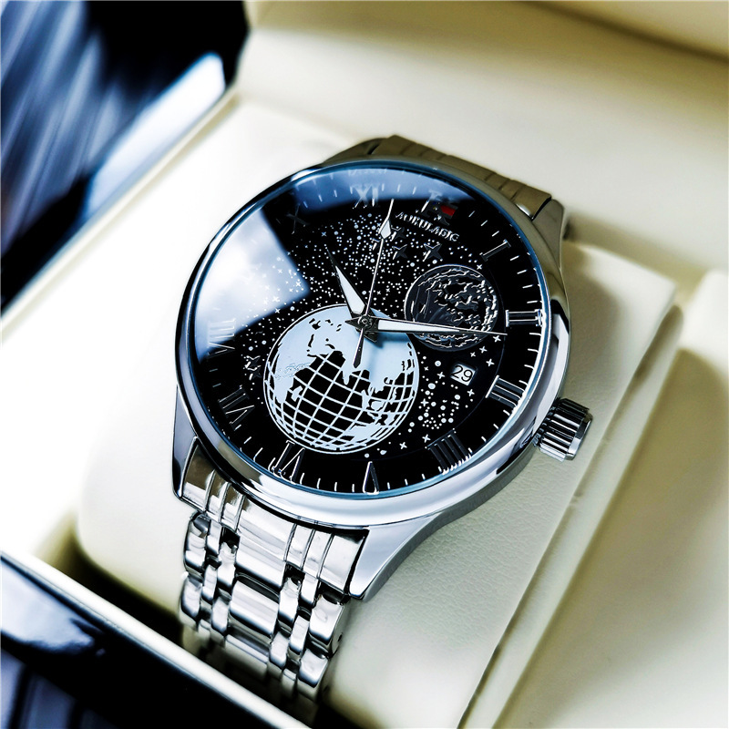 K reloj casual reloj estrellado Planeta de gama alta para hombres fondo transparente reloj mecánico automático tendencia de hebilla de mariposa de acero inoxidable