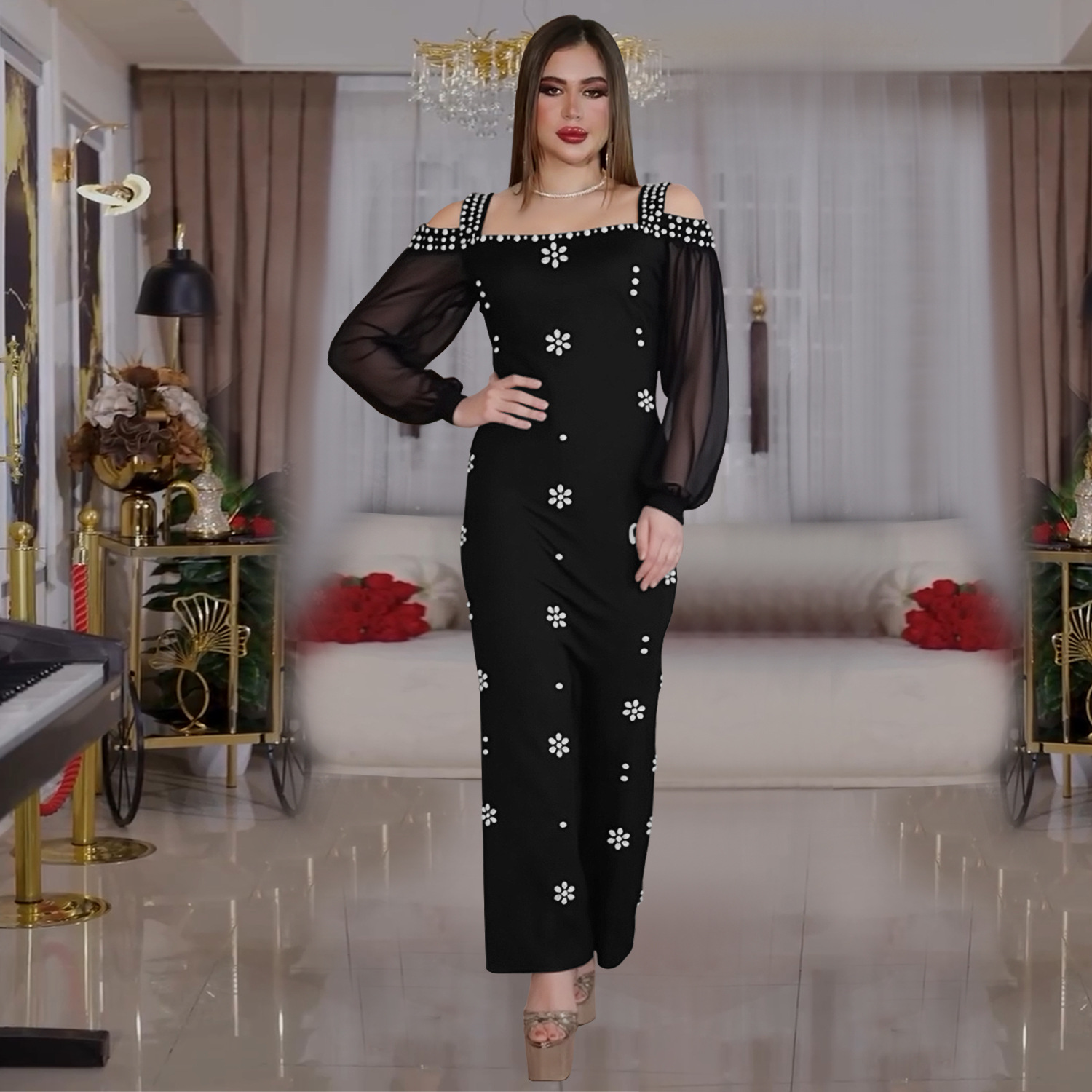 C7415 Cross-border AliExpress Amazon Ropa de mujer de moda europea y americana Elegante vestido delgado de malla de cuello cuadrado de diamantes calientes image 3