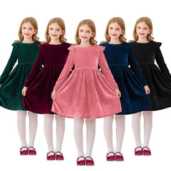 女の子のベルベットのワンピースのフリルの長袖のカジュアルな春秋のワンピースの王女のクリスマスのパーティーの子供の冬の服