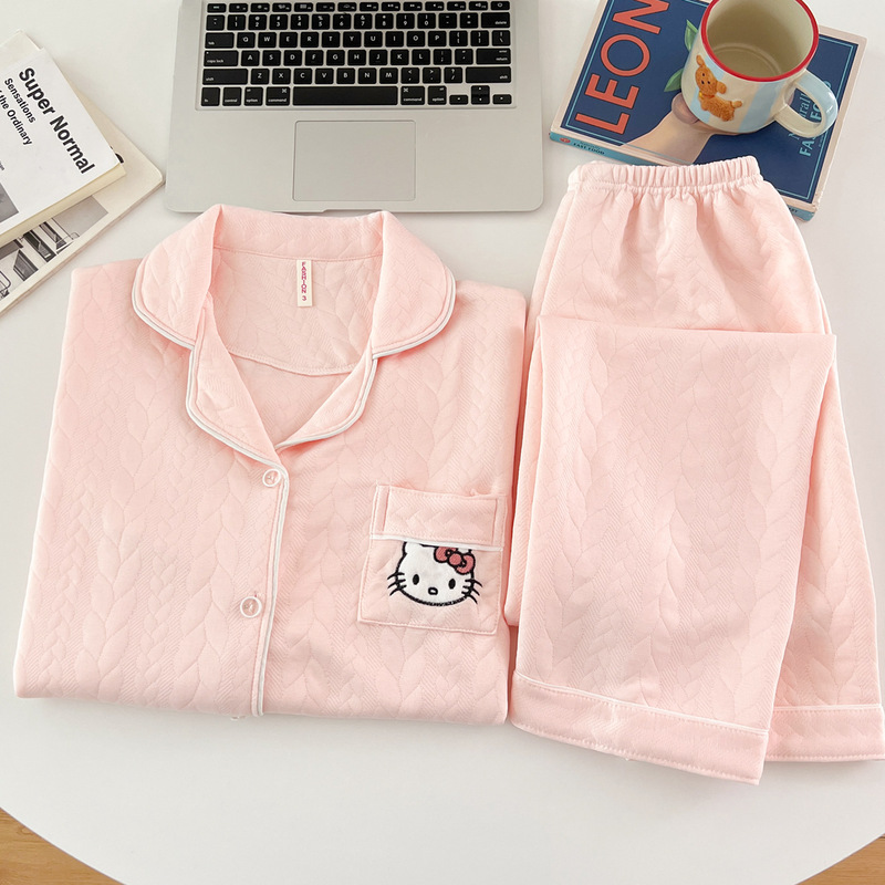 Hellokitty Women's Layered Pajamas for Spring, Autumn, and Winter, Air-Padded, Thickened, Warm, Cute Loungewear Set