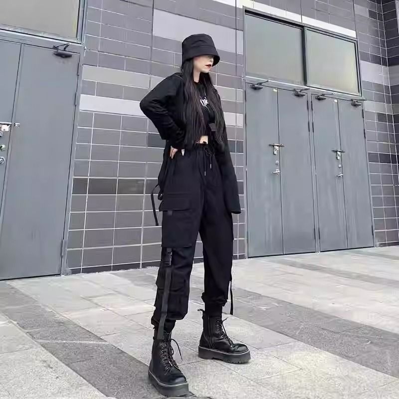 春秋新款束脚纯棉工装裤女显瘦帅气潮牌机车嘻哈黑色休闲裤子|undefined