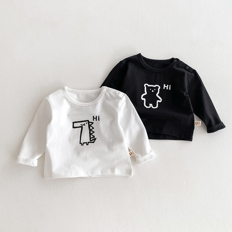Children's base layer shirt, spring and autumn wear, cute cartoon long-sleeved T-shirt, boys' and girls' tops, pure cotton baby clothes