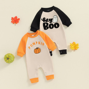 Amazon cross-border baby jumpsuit Halloween long color matching pumpkin embroidered climbing clothes for boys and girls