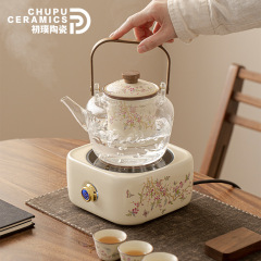 初璞汝窯紫藤花提梁煮茶壺玻璃蒸煮茶器電陶爐泡茶壺家用茶具套裝