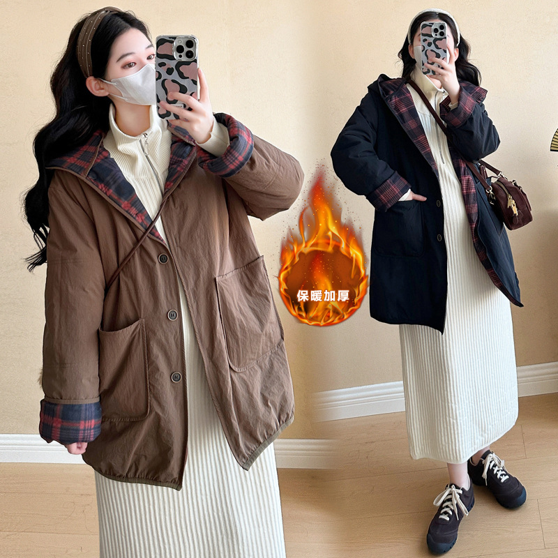 孕妇装棉服外套毛衣裙套装秋冬2024新款加厚保暖大衣连帽夹棉棉衣