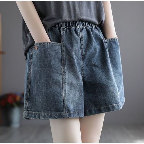 Summer Korean denim shorts for women, large pockets, loose, slimming, age-reducing, all-match, wide legs, thin elastic waist shorts for women