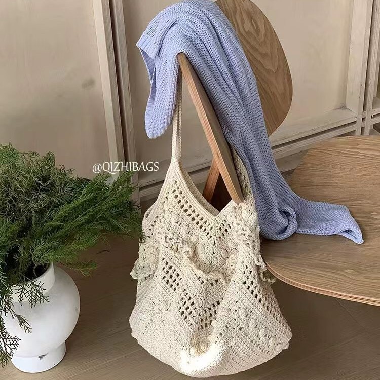 Seven Cloth Bags Spring Letter ~ Solid Color Lace Hollow Woven Bag Beach Vacation Korean Dongdaemun Shoulder Bag