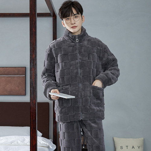 Distribution and distribution of flannel pajamas for men in autumn and winter, new style stand-neck zipper, coral velvet home wear