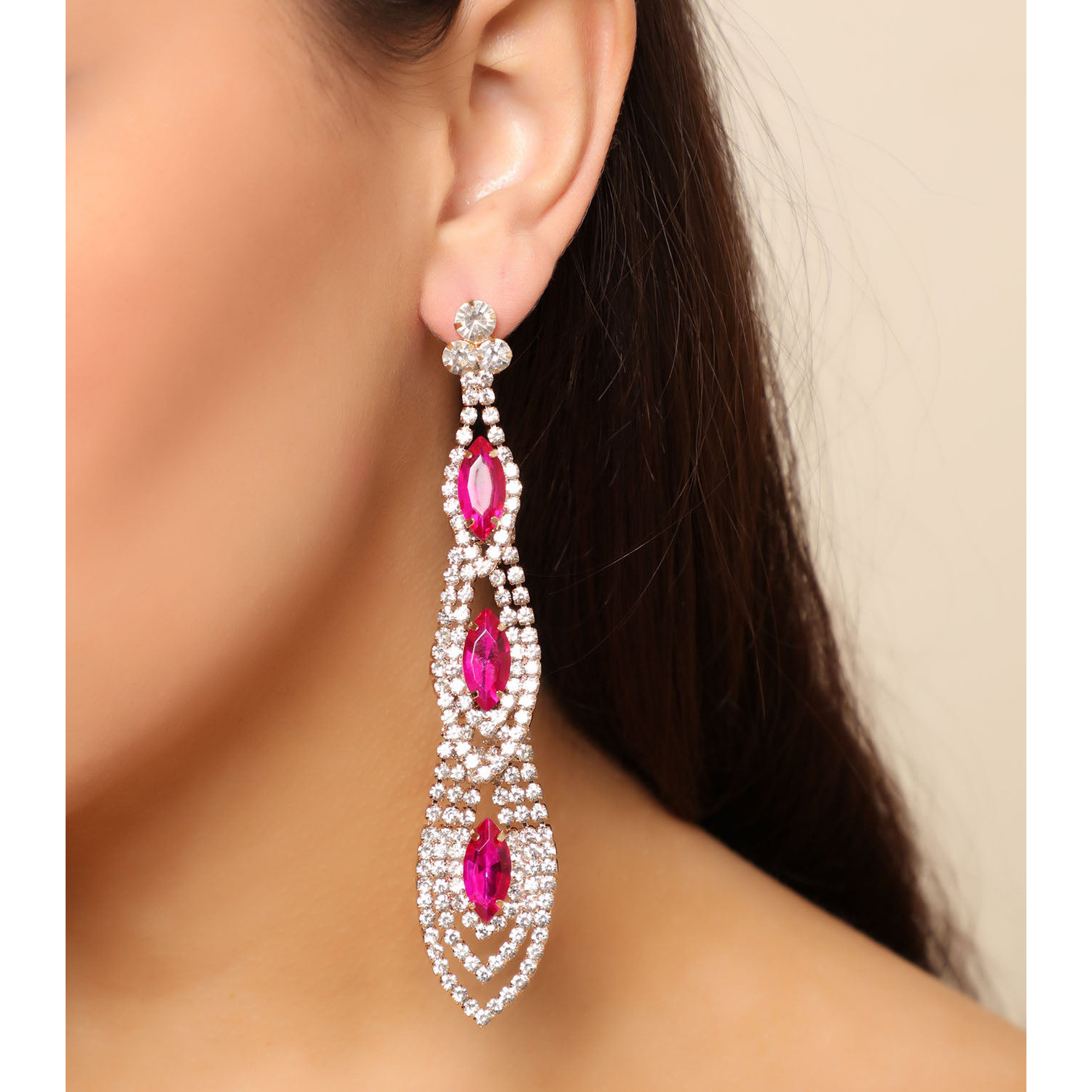 Fashionable elegant fuchsia earrings with zircon for bride