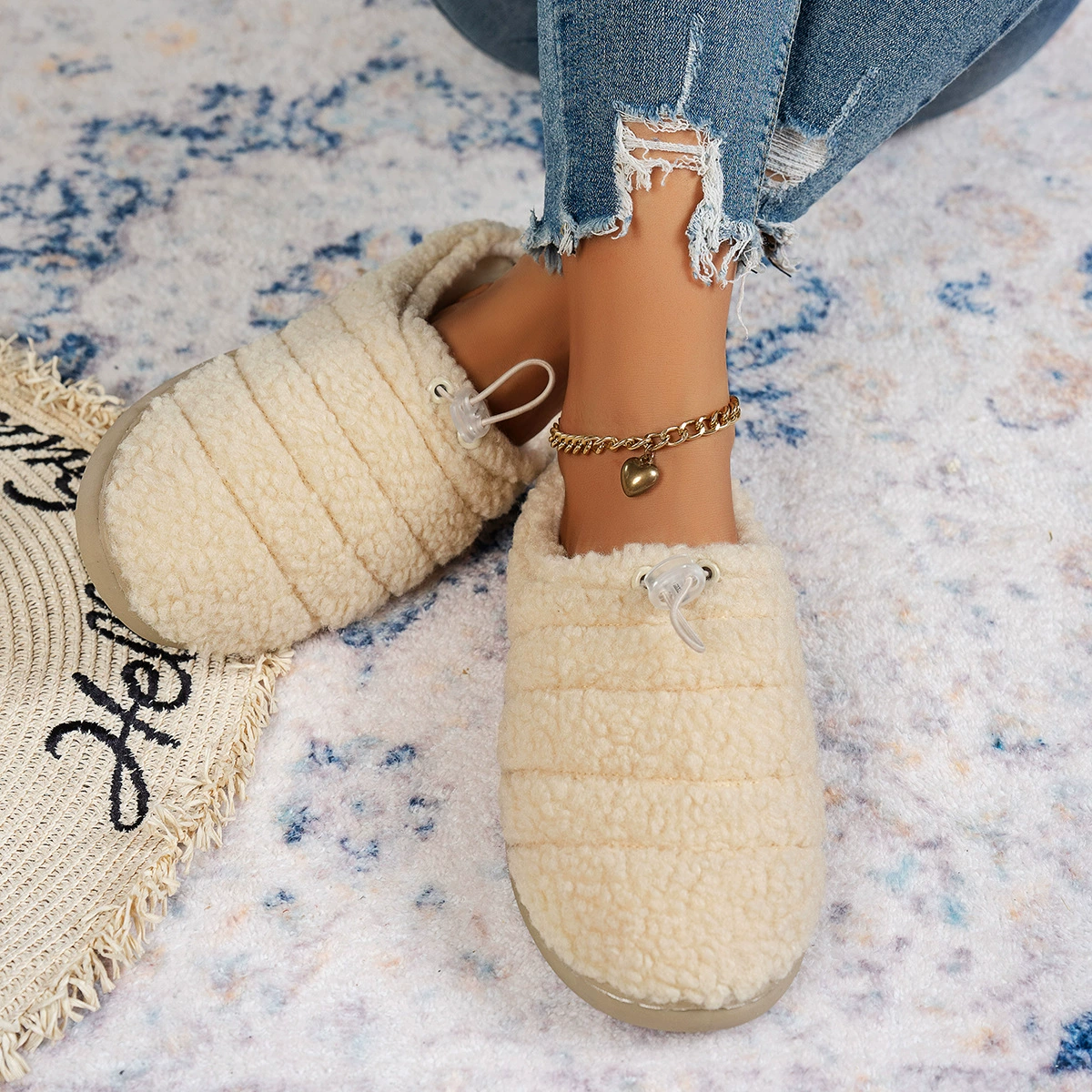 Популярные трансграничные регулируемые полутапочки с веревочной пряжкой Teddy, осенне-зимняя хлопковая обувь, домашние хлопковые тапочки, мягкие, удобные и теплые тапочки для женщин.