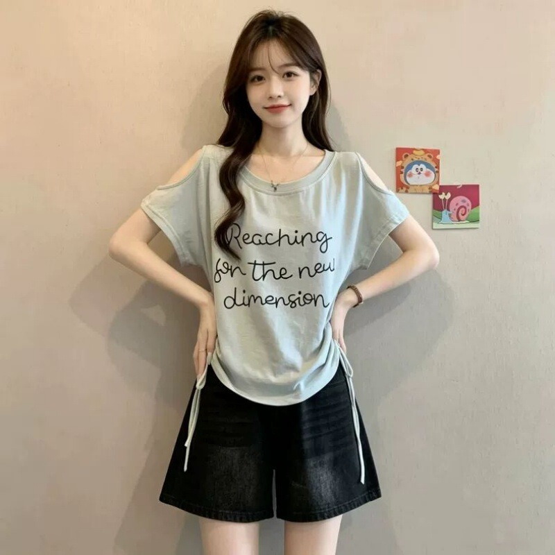 Pure cotton fashion Korean style letter print short-sleeve T-shirt for women, summer plus size drawstring off-shoulder top for girls Pure cotton fashion Korean style letter print short-sleeve T-shirt for women, summer plus size drawstring off-shoulder top for girls