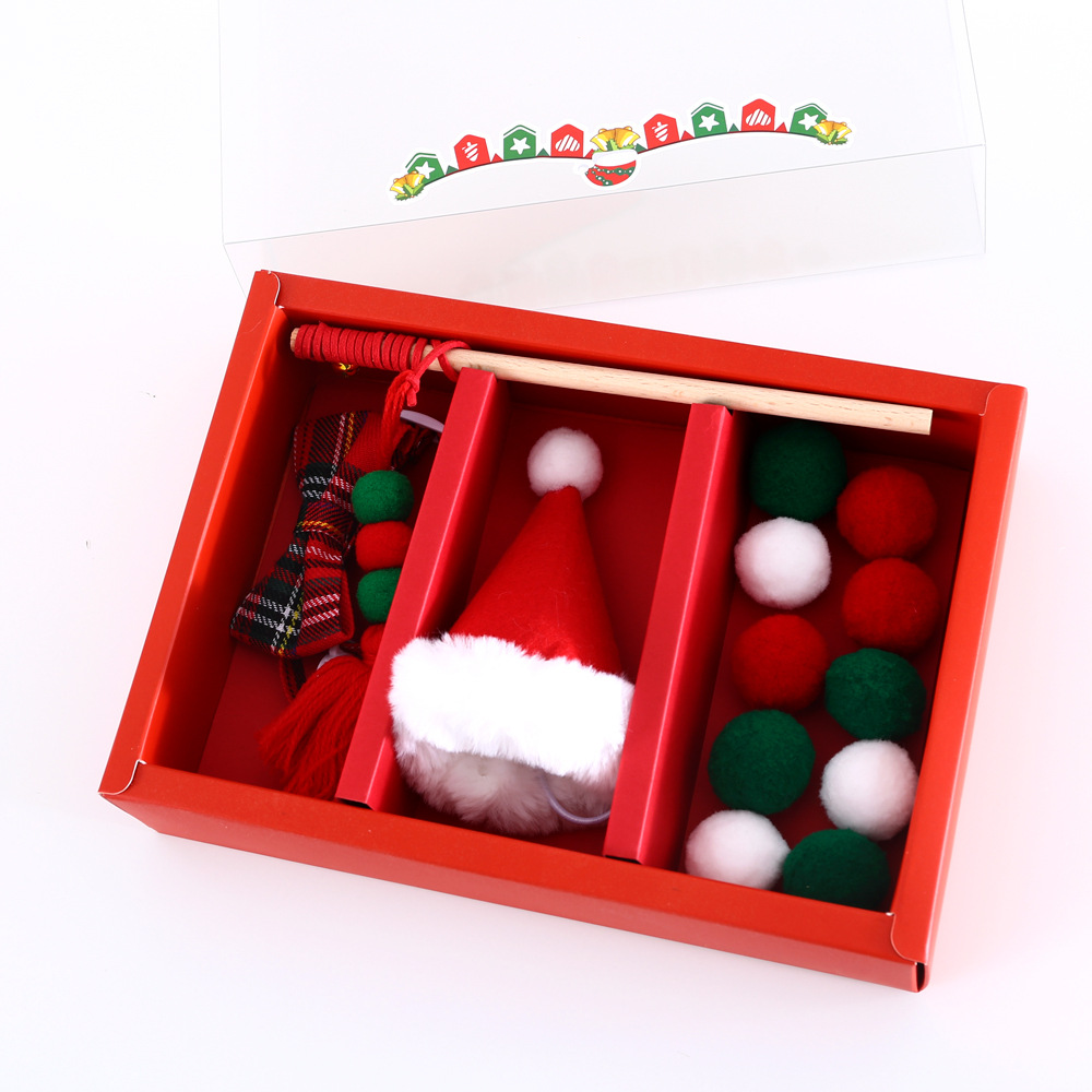 Mascota gato Santa Claus árbol sombrero pajarita collar divertido gato palo felpa molar sonido interactivo conjunto de juguetes caja