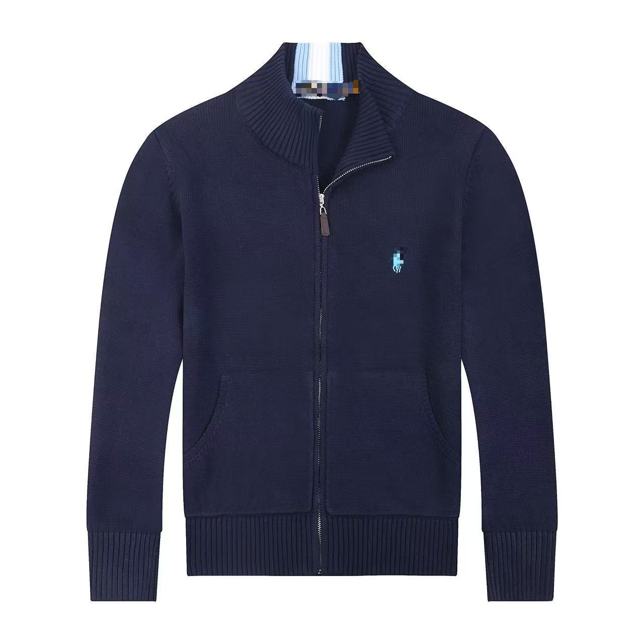 Cross-Border New Product Polo Knitted Sweater with Pony Logo, Stand-Up Collar, Casual Pure Cotton Winter Full-Zip Cardigan Outerwear Sweater