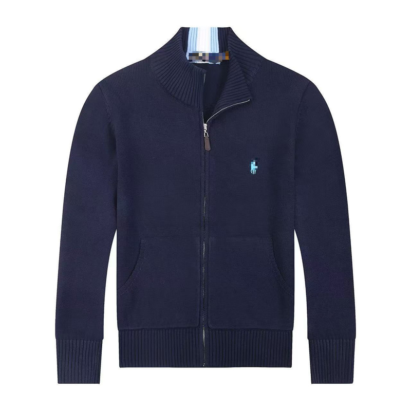 Cross-Border New Product Polo Knitted Sweater with Pony Logo, Stand-Up Collar, Casual Pure Cotton Winter Full-Zip Cardigan Outerwear Sweater