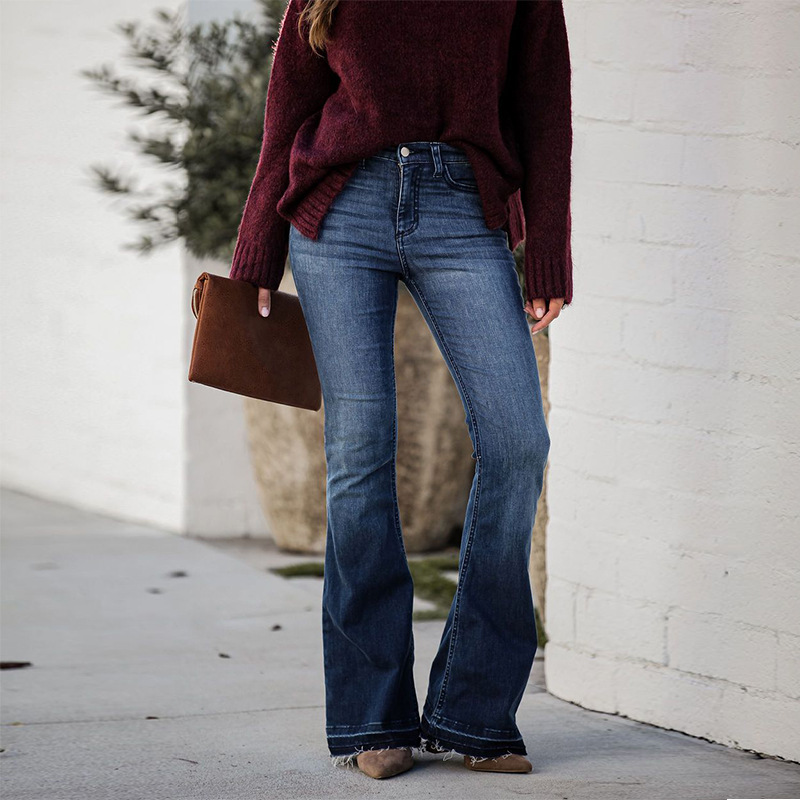 Venta directa de fábrica, jeans de mujer para comercio exterior transfronterizo europeo y americano 2025, pantalones acampanados de cintura alta, elásticos, ajustados y deshilachados a la moda. image 3
