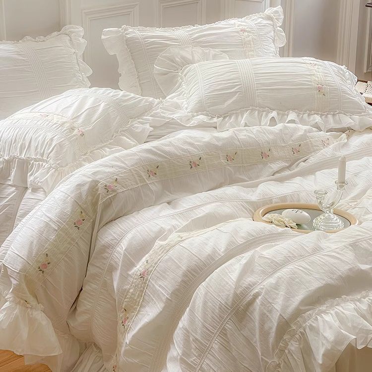 Fairy White Embroidered Princess Style Four-piece Set Pure Cotton Washed Cotton Bed Sheet Super Soft Naked Bed Linen