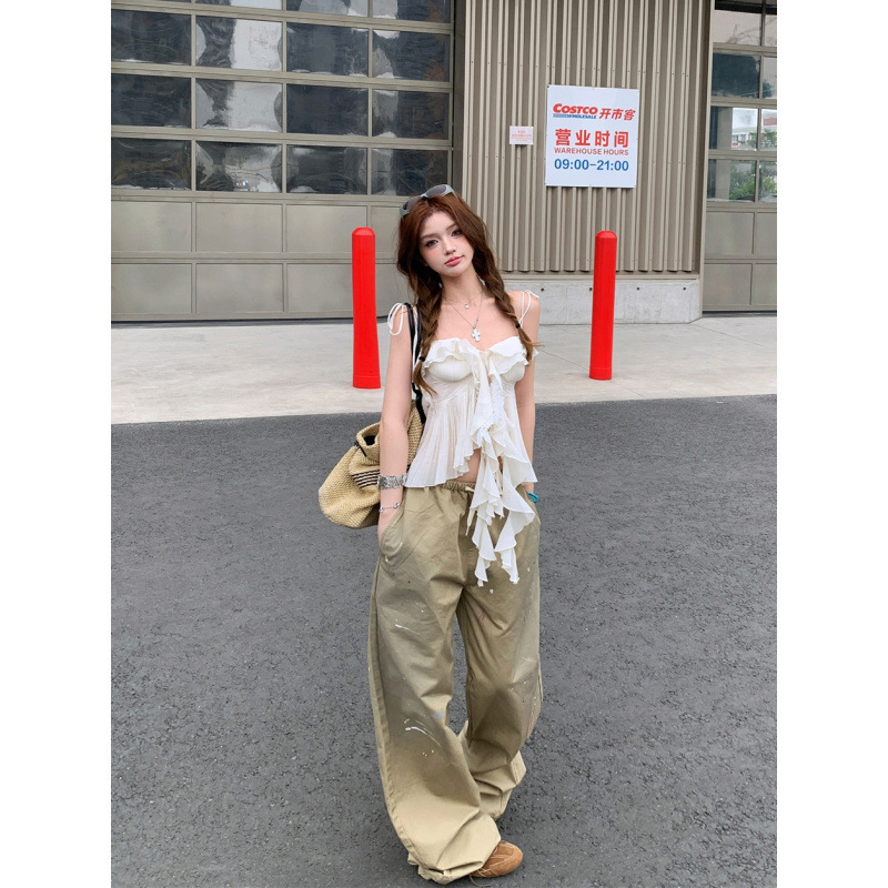 Purely Desirable and Ethereal Layered Ruffle Strap Top + Loose Wide-Leg Ink-Splattered Workwear Casual Pants Set for Women