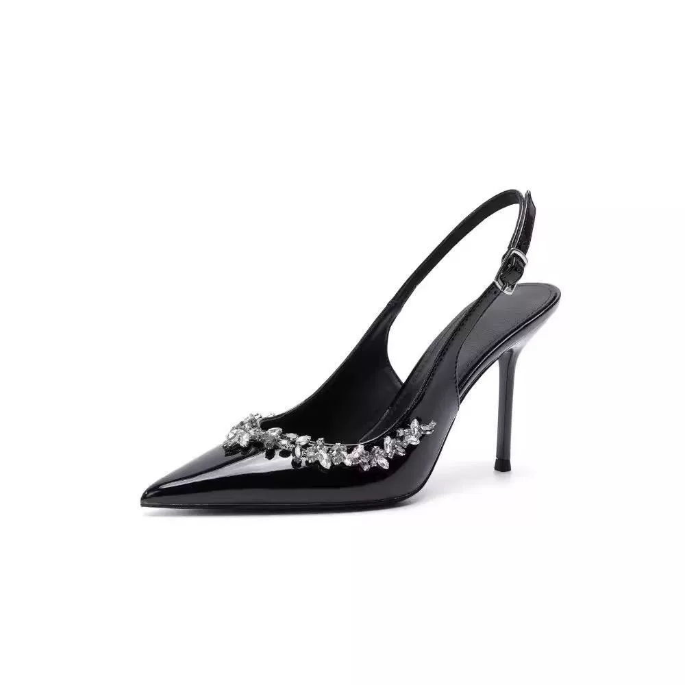 Sexy high-heeled slingback pumps with crystal embellishment, 6cm/9cm heel, Black/Nude, sizes 35-40