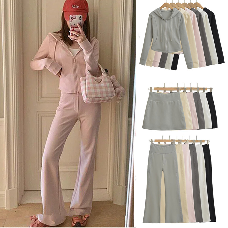 Hooded Sports Sweat with Casual Sports Skirt Pure Slim Flared Pants Pants suit Women