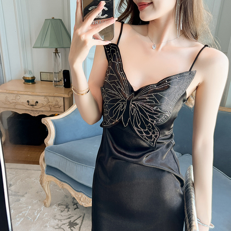 Váy dài maxi nữ cổ chữ V dây mảnh eo cao kiểu Pháp — Màu đen chi tiết 1