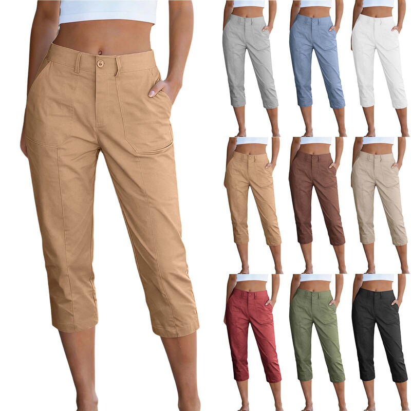 Cross-Border European and American Amazon Women's Solid Color Summer High-Waisted Patch Pocket Casual Pants Work Pants Cargo Pants Cropped Pants Cross-Border European and American Amazon Women's Solid Color Summer High-Waisted Patch Pocket Casual Pants Work Pants Cargo Pants Cropped Pants