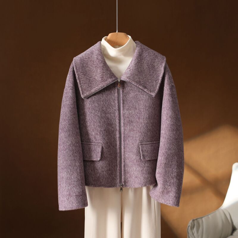 2025 Autumn and Winter Purple Double-Sided Cashmere Coat Short Gray Zipper Casual Navy Collar Woolen Coat for Small People