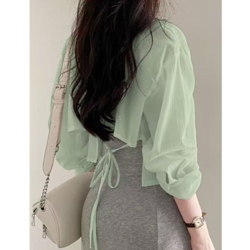 Chic Summer Long-Sleeve Chiffon Sun Shirt with Design Details, Back Belt, Backless Short-Sleeve Blouse for Women from Korea