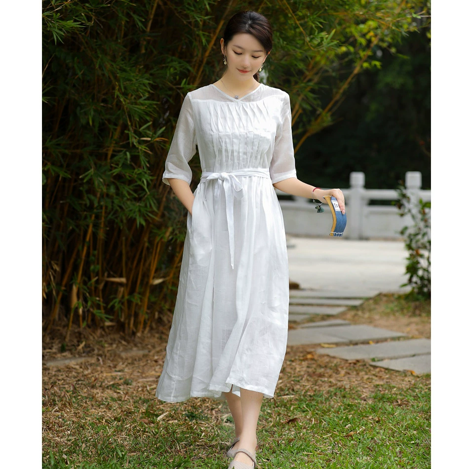 2021 Новое дорожное артистичное длинное платье Рами с высокой веткой и хлопковой подкладкой, плиссированное платье до локтя с V-образным вырезом