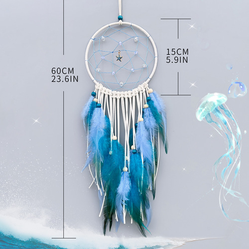 [Goddess’ Day Gift] Indian Dream Catcher Ornament Blue Feather Wooden Beads Wind Chimes Home Accessories Cross-Border