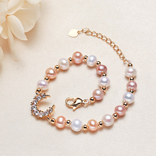Zhuji True Pearl Jewelry Wholesale Big Moon Zircon Bronze Gold Plated Freshwater Pearl Bracelet Bracelet for Women