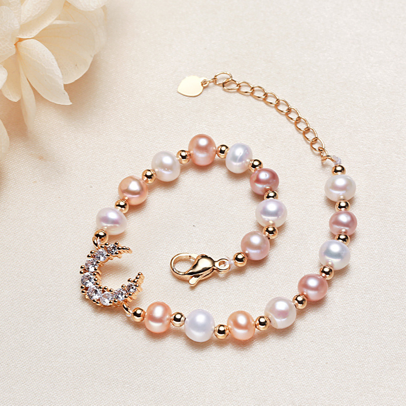 Zhuji True Pearl Jewelry Wholesale Big Moon Zircon Bronze Gold Plated Freshwater Pearl Bracelet Bracelet for Women Zhuji True Pearl Jewelry Wholesale Big Moon Zircon Bronze Gold Plated Freshwater Pearl Bracelet Bracelet for Women