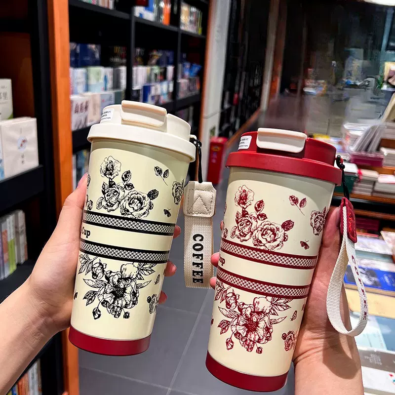 新款铃兰花咖啡杯高颜值带提绳便携316不锈钢保温杯车载双饮水杯