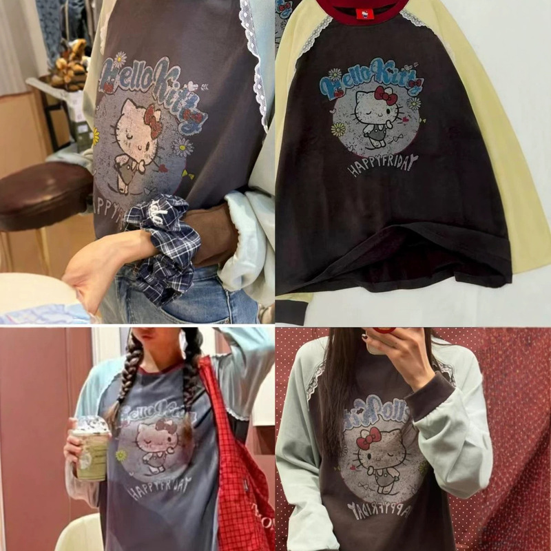 Korean style [lace trim + distressed Kitty print] color-blocked raglan long-sleeve women's T-shirt, soft and comfortable