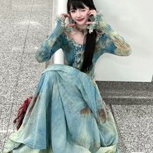 法式复古时尚扎染春秋季连衣裙小众收腰上衣气质长裙套装裙子纯色