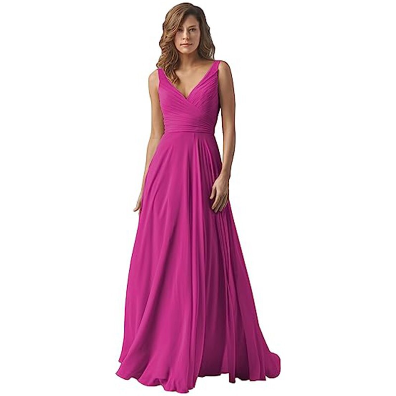 Amazon Women's Shoulder V Neck Chiffon Strap Bridesmaid Dress Long A-Hem Pleated Skirt Formal Evening Dress