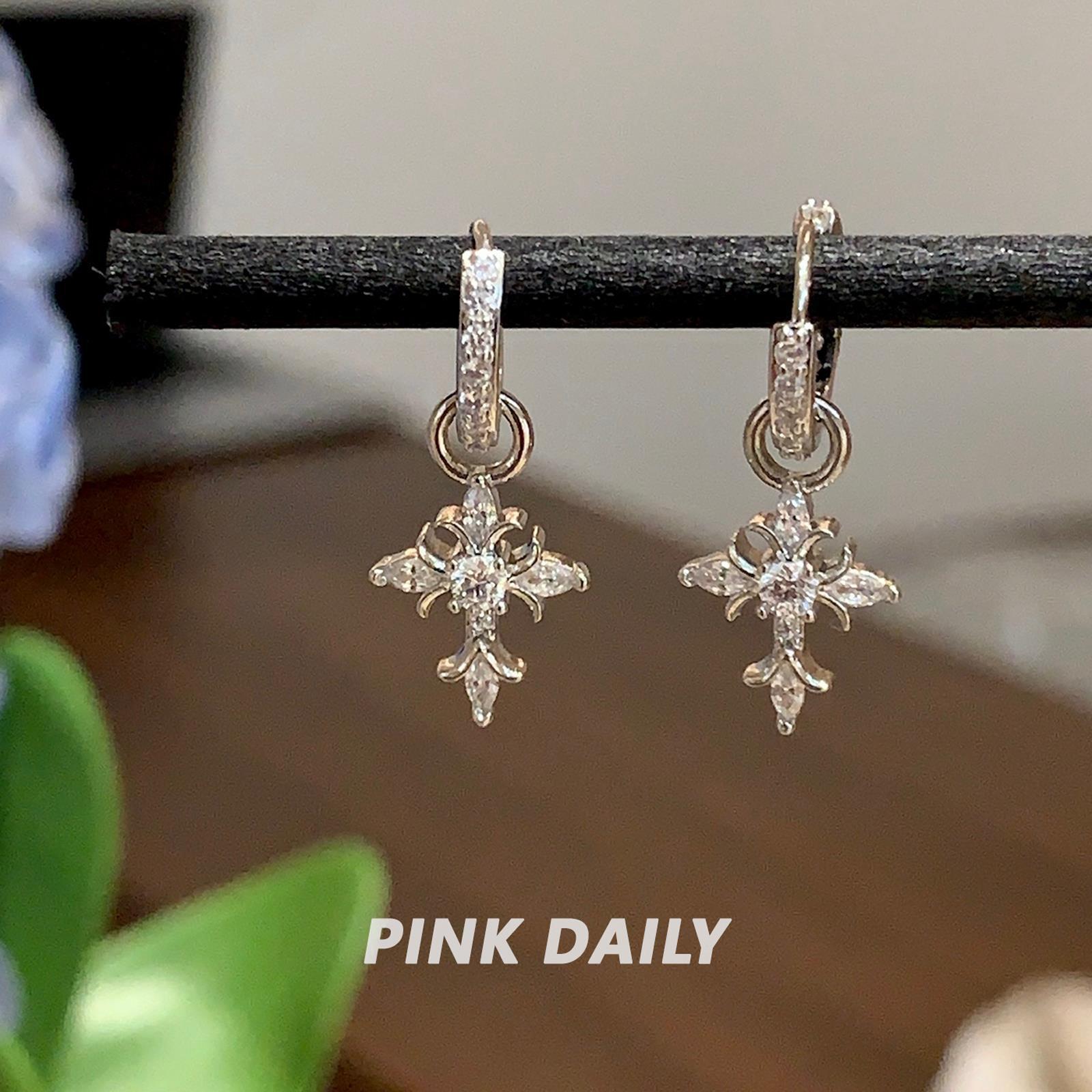 Light Luxury Full Diamond Cross Pendant Earrings Detachable Ear Buckle Earrings Women's Niche Design Earrings Women's Versatile and Exquisite