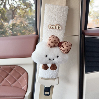 Car Interior Decoration Accessories, Seat belt shoulder pad - white-plush-shoulder-pad-white-cloud-coffee-brown-bow