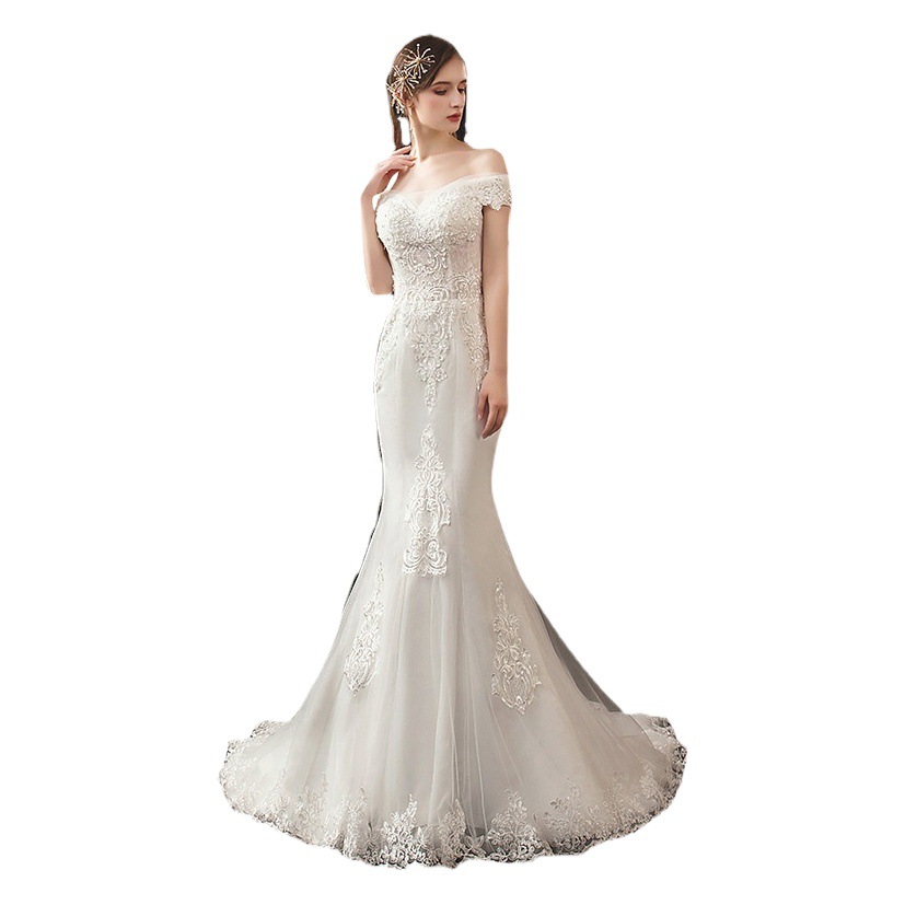 Vestido de Novia Estilo Sirena 2026, Nuevo Estilo para Novias Delgadas, Estilo Bosque con Hombros Descubiertos, Vestido Ligero Francés con Diseño de Cielo Estrellado que Estiliza la Figura.