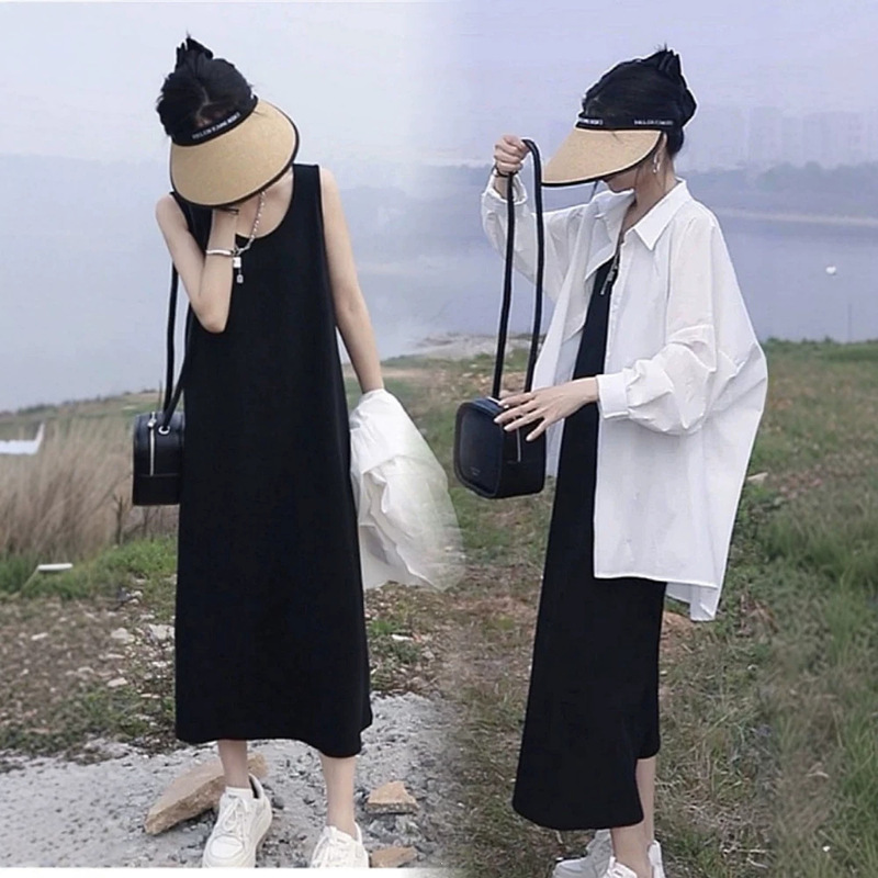 Loose-fitting mid-length tank dress set for women, new summer vacation style, sun-protective shirt paired with a camisole long dress Loose-fitting mid-length tank dress set for women, new summer vacation style, sun-protective shirt paired with a camisole long dress