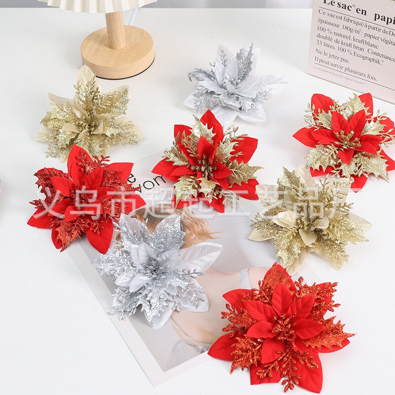 Christmas Flowers, Artificial Maple Leaves, Christmas Flower Heads, Gold Powder Flowers, Christmas Tree Wreath Decorations, Hollow Poinsettia Flowers