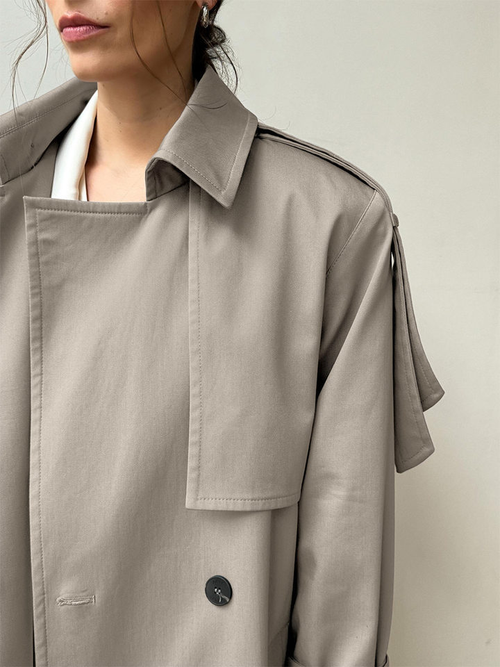 Áo khoác trench coat nữ dáng dài phong cách Âu Mỹ, chất liệu cotton, form rộng có dây thắt eo — Màu kaki, màu xám chi tiết 47